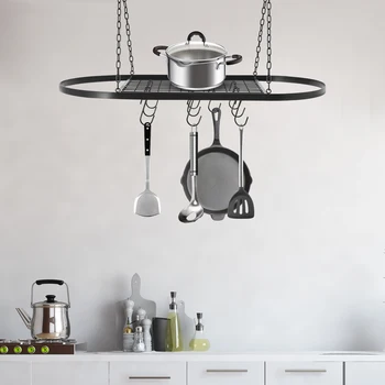Iron Kitchen Wall Mounted Metal Hanging Pot and Pan Rack for Ceiling with Hooks