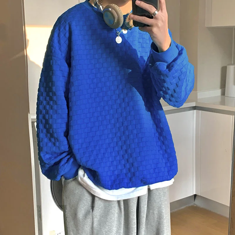 

2022 Men's Blue Color Lazy Style Hoodies Cotton Casual Clothes Sweatshirts Lattice Round Neck Pullover Oversized Coats M-XL