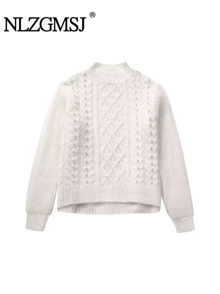 

Nlzgmsj TRAF 2024 Women Artificial Pearl Silk Mesh Patchwork Knitted Sweater Long Sleeve Vintage Autumn Winter Causal Slim Tops