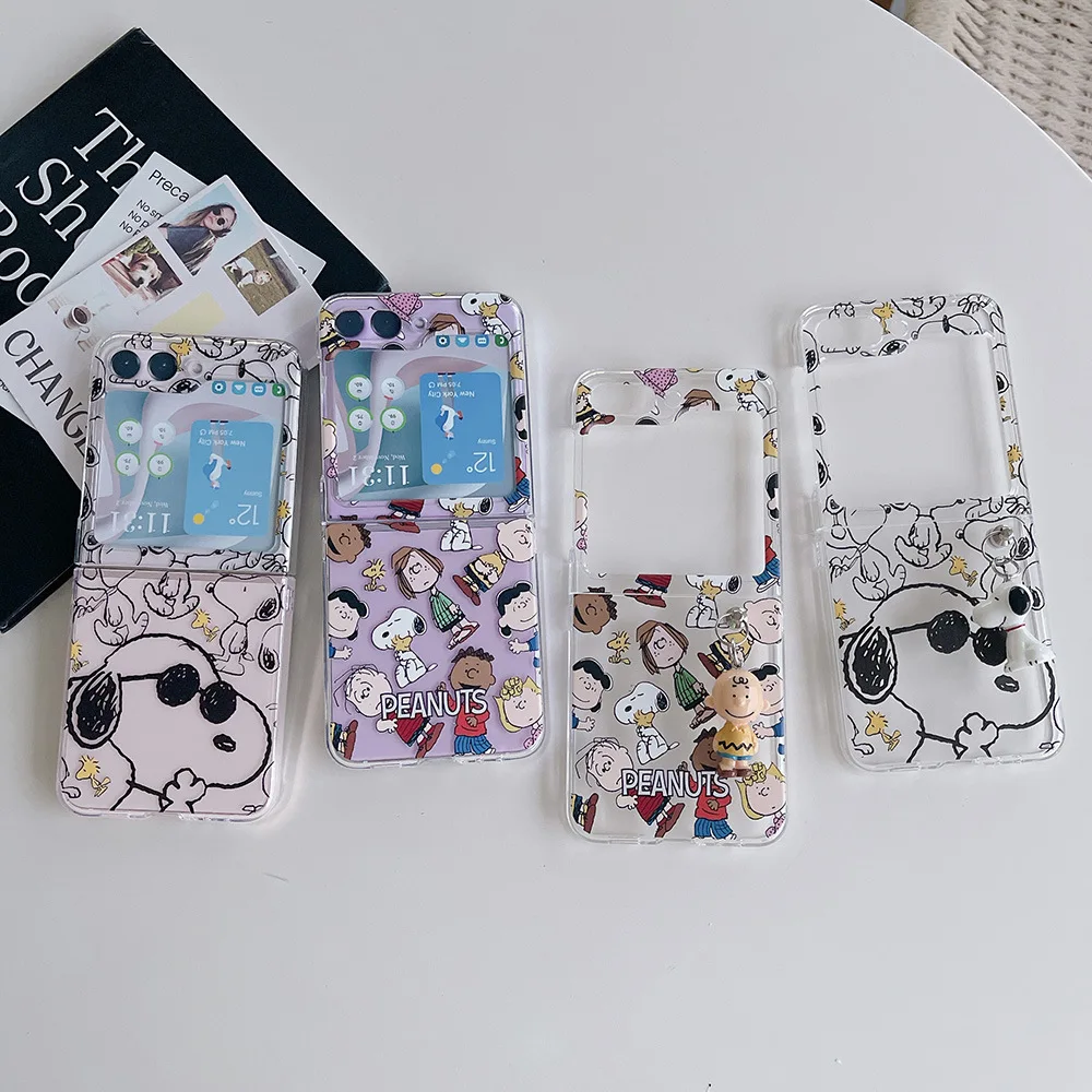 삼성 갤럭시 Z 플립 5 4 3 용 Miniso 스누피 전화 케이스 삼성 Z Flip5 Flip4 Flip3 용 투명 하드 PC 접이식 뒷면 커버