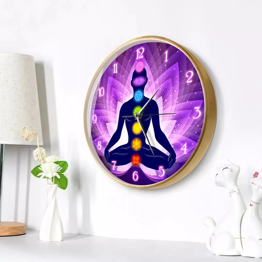 Meditating Namaste Lotus Pose Print Acrylic Wall Clock For Living Room Colorful Chakra Modern Design Home Decor Yoga Wall Watch 5