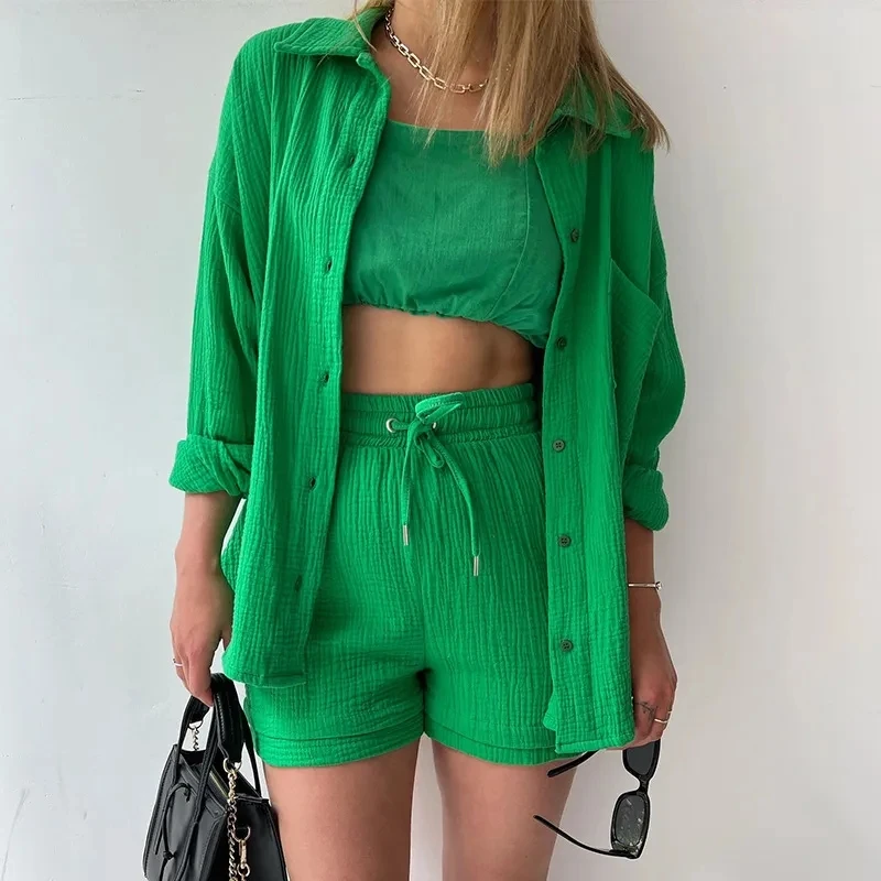 

78328European and American Women's Autumn Wrinkle Collar Long Sleeve Shirt High Waist Drawstring Shorts Large Fashion Casual Set