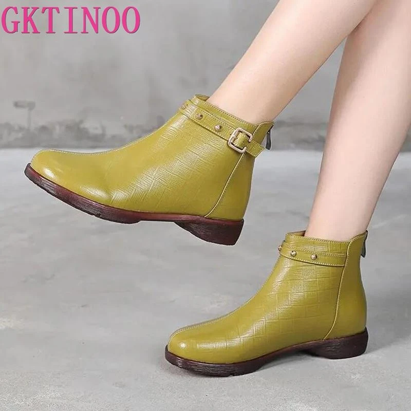 Gktinoo Nieuwe Enkellaars Vrouwen Ronde Neus Platte Hakken Lederen Schoenen Korte Soft Sole Footwear Plus Size 35 43|Enkellaars| - AliExpress