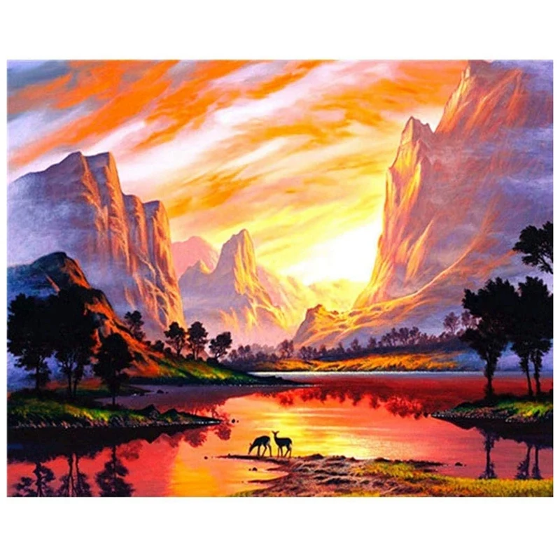 

HOT SALE DIY Diamond Painting Kits For Adults Landscape Picture Mountain And Lake Full Square Drill Sunset Scene Crystal Art