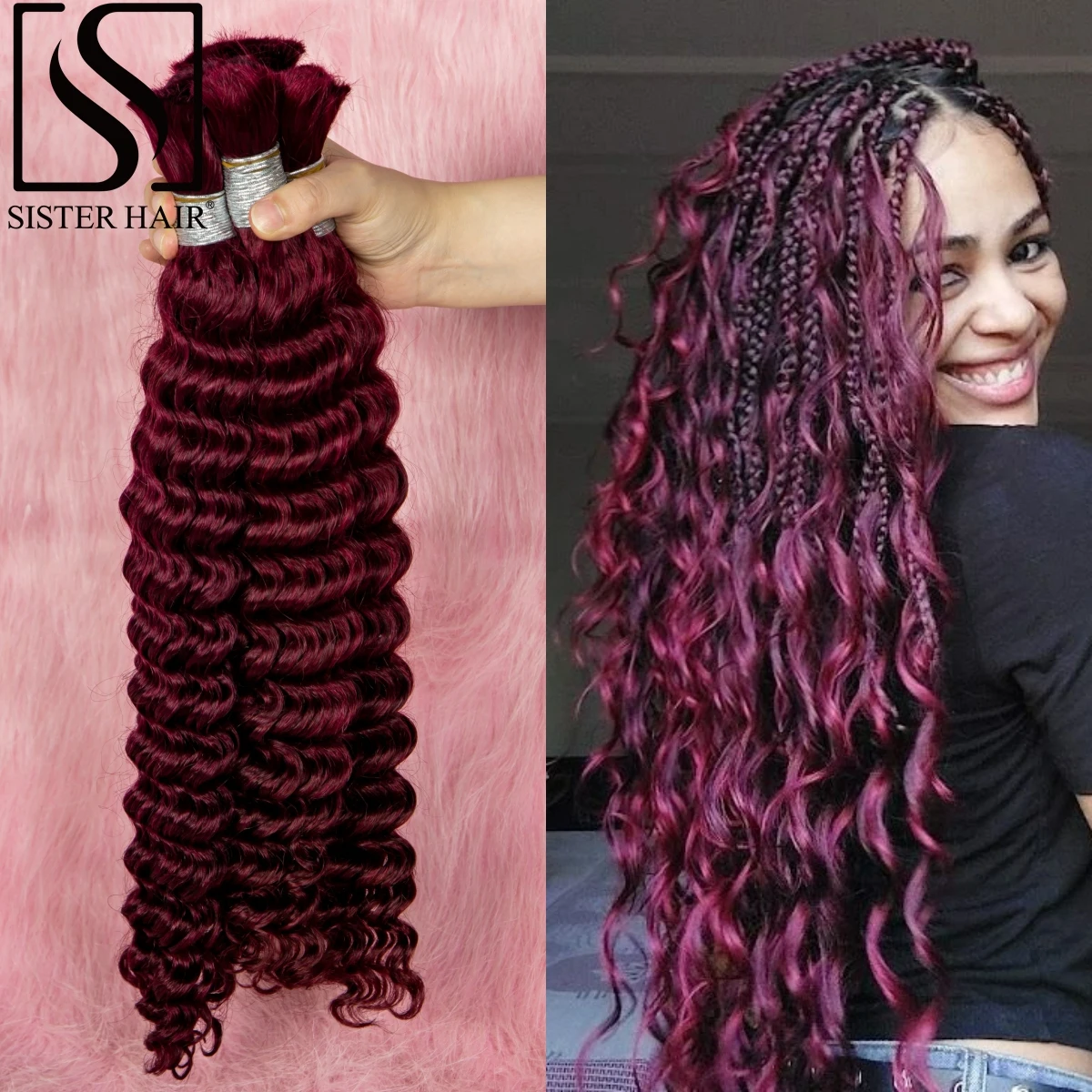 

26 28 Inch Deep Wave Human Hair Bulk Burgundy 99j Human Hair for Braiding Unprocessed No Weft 100% Vingin Hair Bulk Extensions