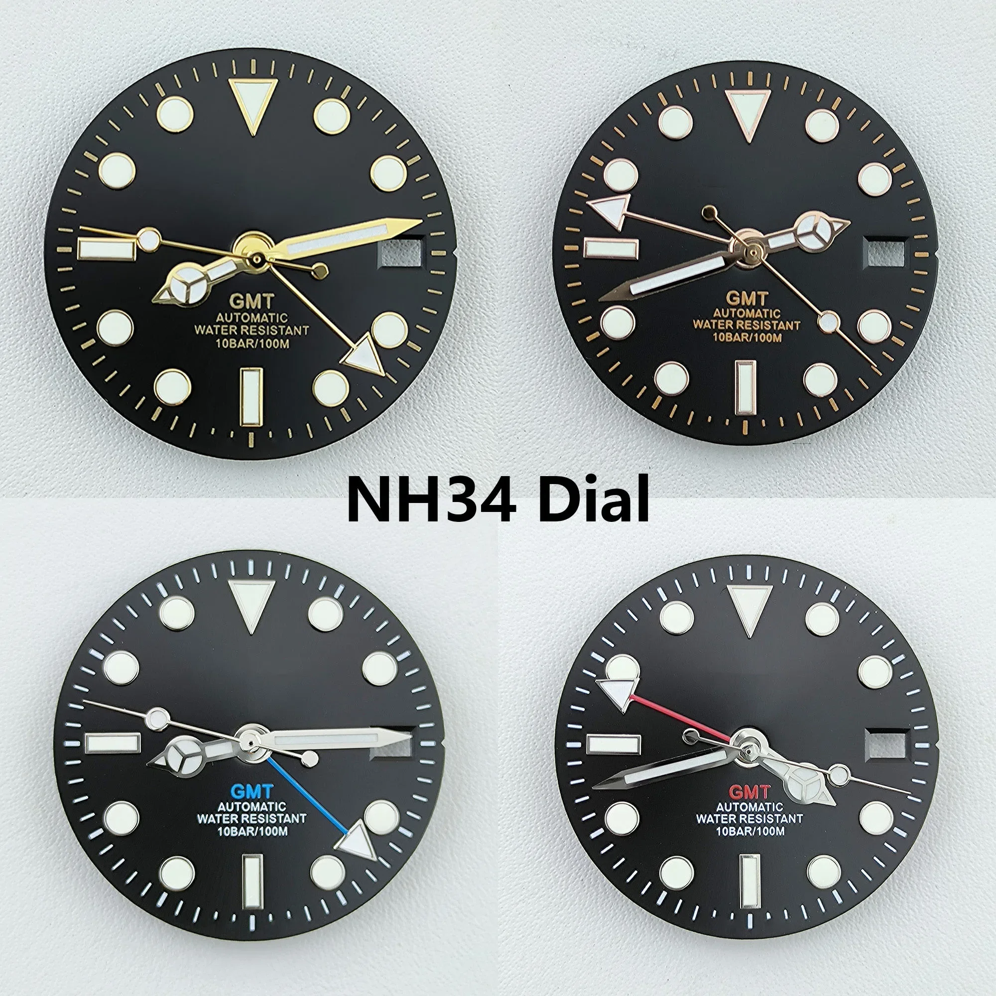 GMT NH34 무브먼트 모드 다이얼 교체 부품, 4 손 녹색 발광 시계 다이얼 페이스, NH35 NH34 다이얼 포인터