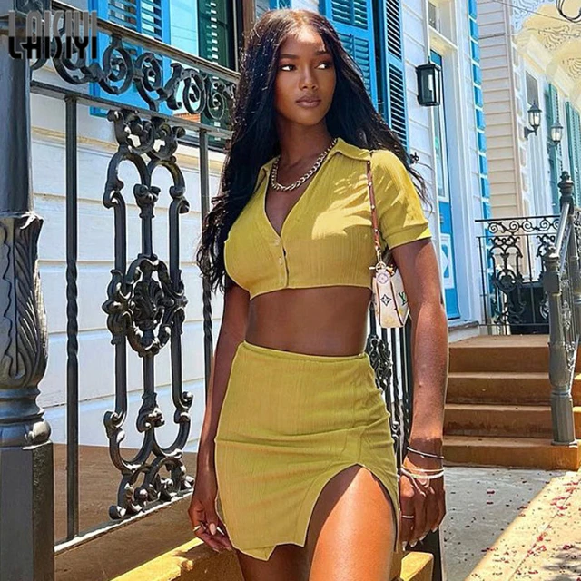 Skims Two Piece Set Women Summer Outfits Button Short Sleeve Crop Top Split  Skirts Solid Color Y2k Streetwear Hot Women Clothing - AliExpress