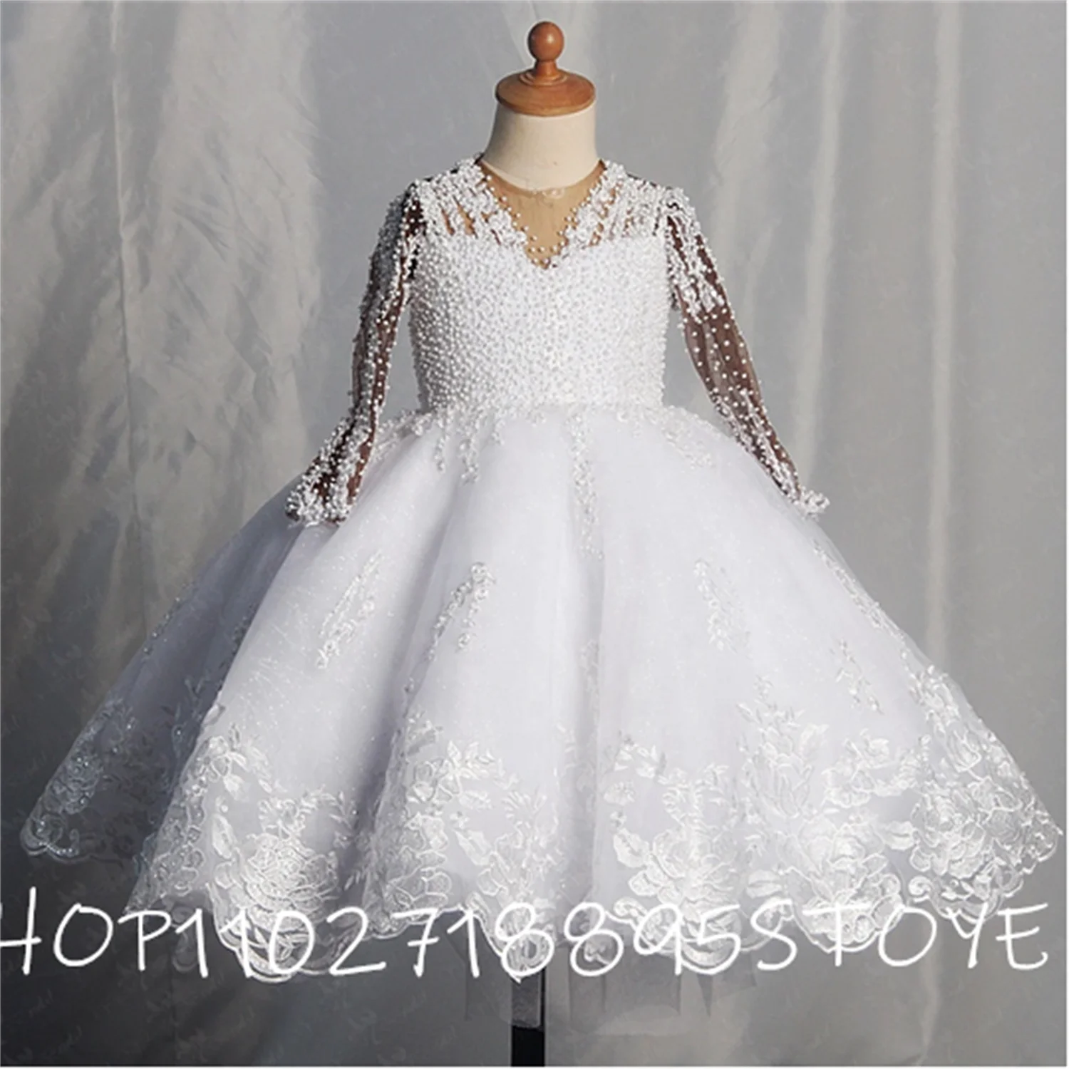 

Pink V Neck Full Sleeve שמלת כלה לילדות for Birthday 2023 Summer Bow Zipper Back Sequined Wedding Party Gowns