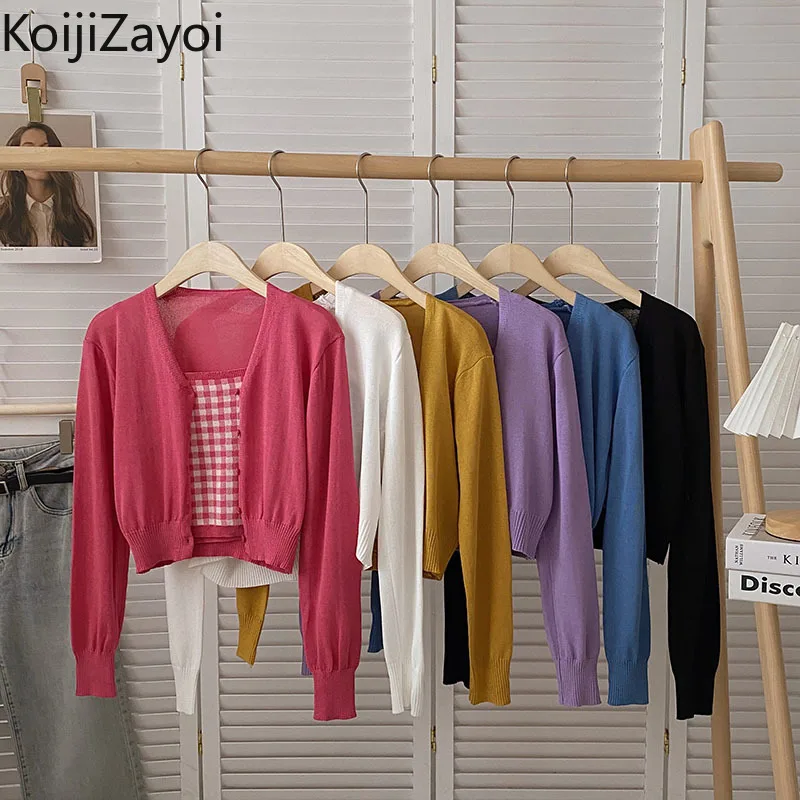 

Koijizayoi Women Spring Autumn Two Pieces Set 2022 Lady Casual Loose Cardigan Plaid Camisole Chic Cropped Suit Long Sleeves Tops