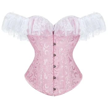 Sexy Corset Bustier Top Plus Size Vintage Jacquard Floral Lace Sleeves Chest Binder Corselet Overbust Women Lingerie