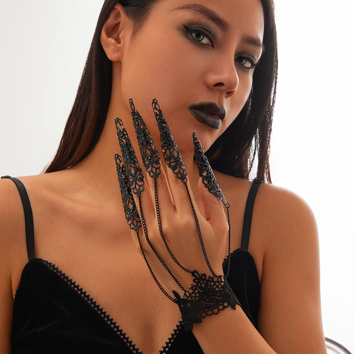 IngeSight.Z Gothic Black Hollow Lace Nail Set Bracelet for Women Goth Halloween Ghost Finger Bracelet Holiday Party Jewelry 1 IngeSight.Z Gothic Black Hollow Lace Nail Set Bracelet for Women Goth Halloween Ghost Finger Bracelet Holiday Party Jewelry 1