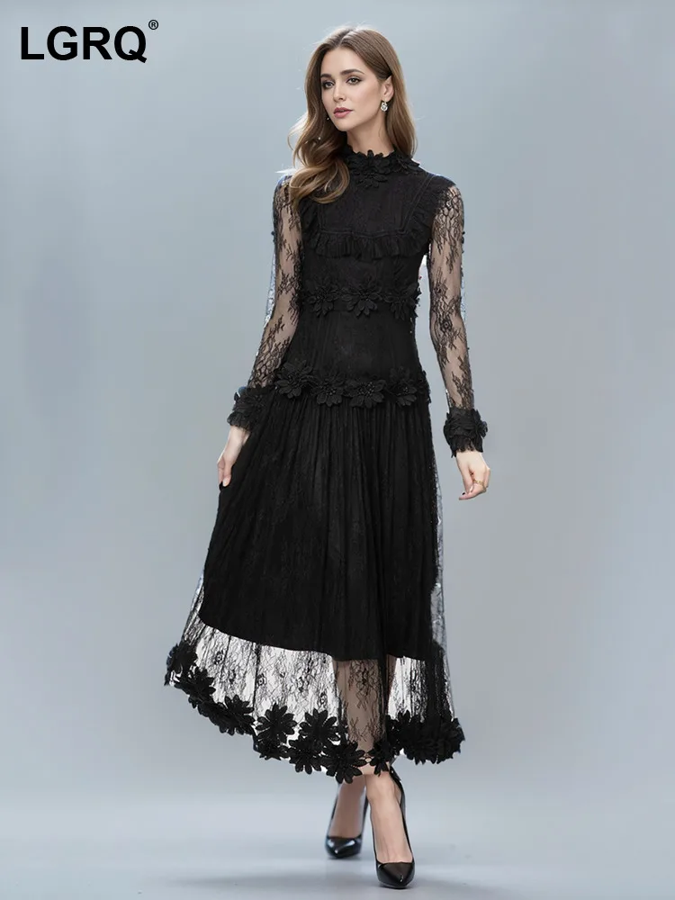 

LGRQ Fashion Lace Flower Mesh Patchwork Dresses Women Round Neck Long Sleeve High Waist Elegant Dress Spring 2024 New 3WQ9972
