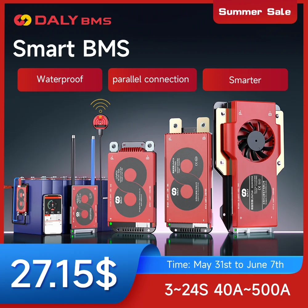 

Daly BMS 16S 48V LiFePo4 Smart BMS 4S 12V 8S 24V Scooter 40A 60A 100A Li-Ion Battery Energy Storage CANBUS UART Bluetooth APP