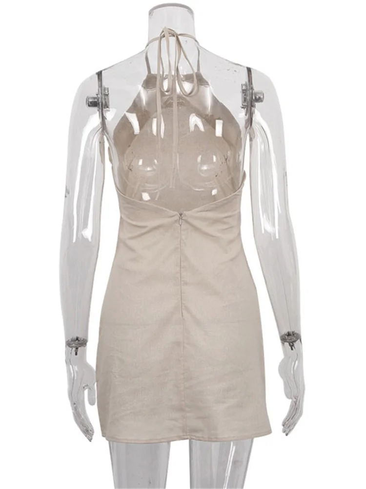 Female Backless Mini Dress Lace-Up Solid Basic Hanging neck Patchwork Casual Off-Shoulder Dress Sexy Fashion Women Dress