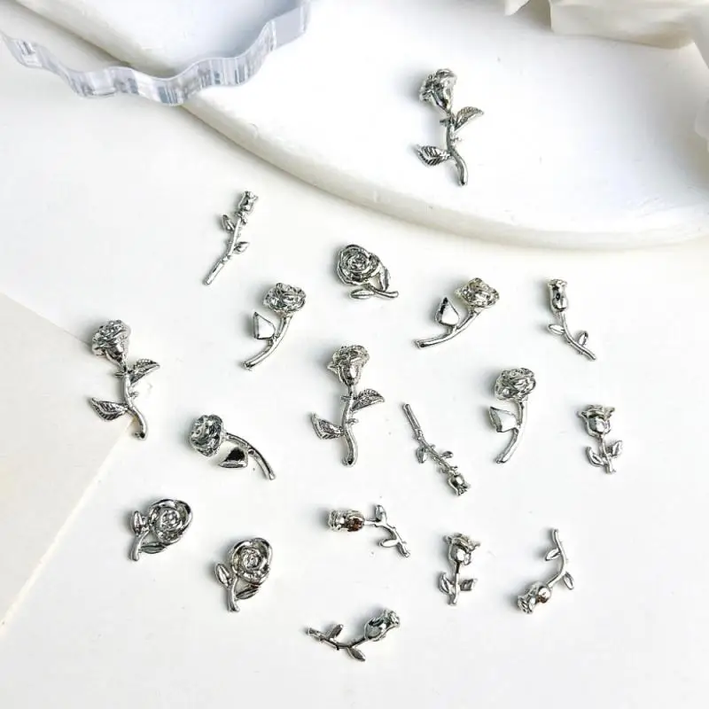 20pcs 라이트 럭셔리 금속 합금 장미 꽃 네일 매력 DIY 손톱에 대 한 3D 레트로 실버 꽃 네일 아트 장식 액세서리