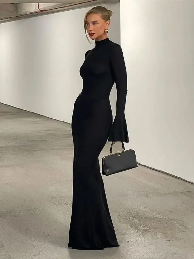 

Elegant Black Back Hollow Out Maxi Dress Women Half High Collar Flare Long Sleeve Bodycon Dresses Lady Chic Banquet Evening Robe