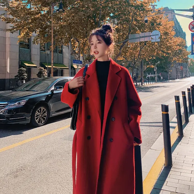 Winter Autumn Christmas Red Black Loose Long Wool Coat Jacket Belt Woolen Overcoat Korean Women Split Hem Cardigan Outerwear XL