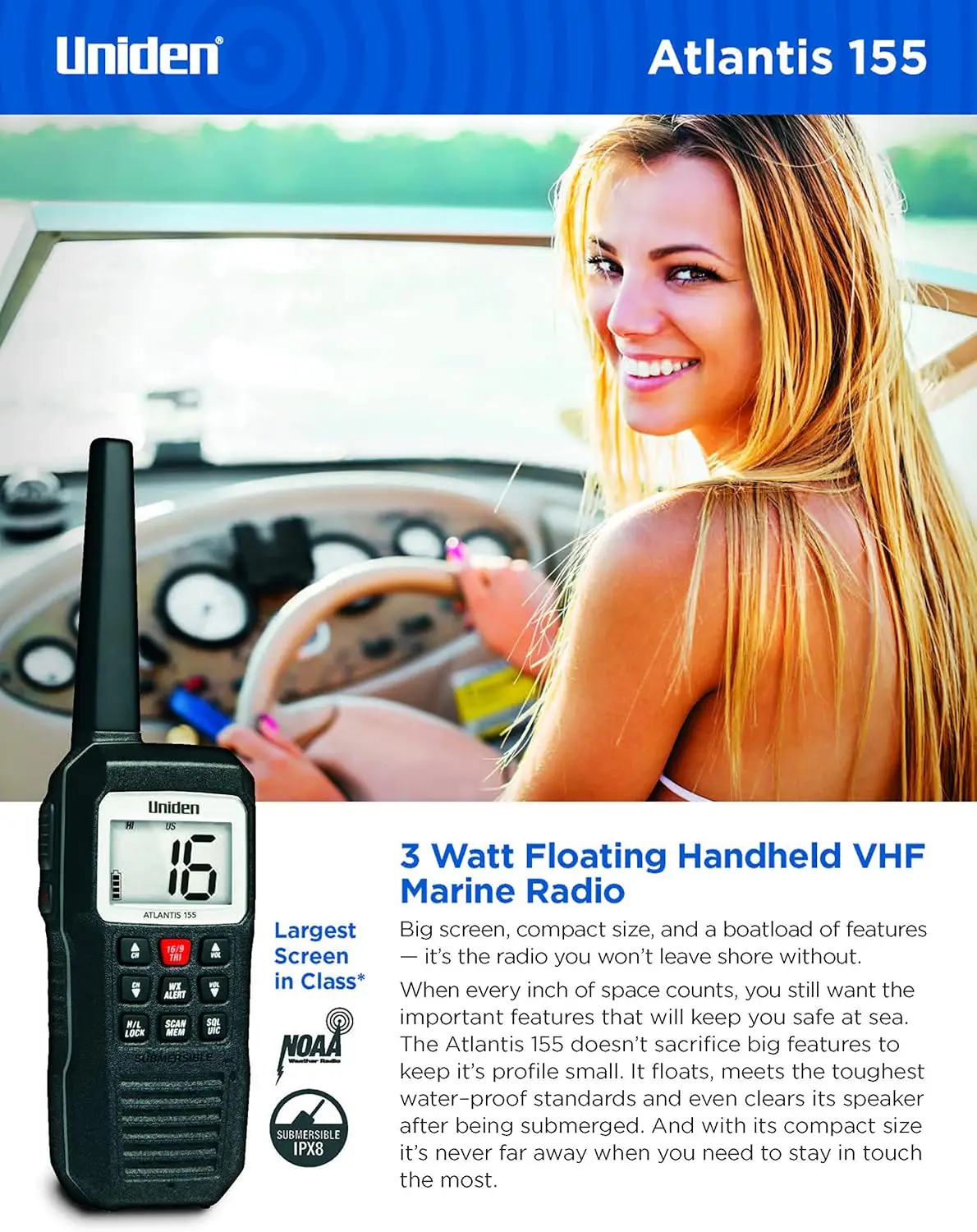 155 Handheld Two-Way VHF Marine Radio, Floating IPX8 Submersible Waterproof, Dual-Color Screen, All USA/Internat