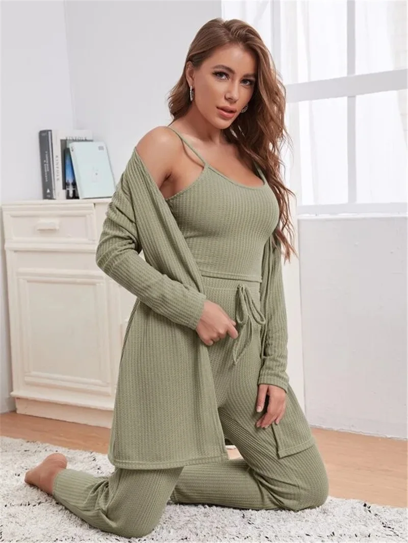European and American Home Wear Women's Waffle Knitted Suspenders Top Trousers Robe Pajamas Three-Piece Suit
