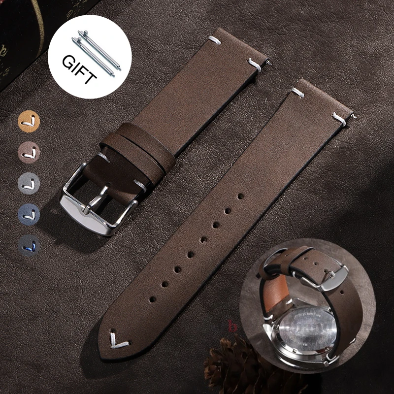 Vintage Cowhide Leather Quick Release Watch Strap with Stitching Details