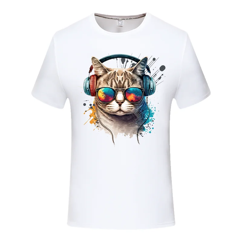 

fashion short music DJ cat printed Funny t-shirt men tops streetwear hip hop Casual Hip Hop Harajuku A cat wearing glasses