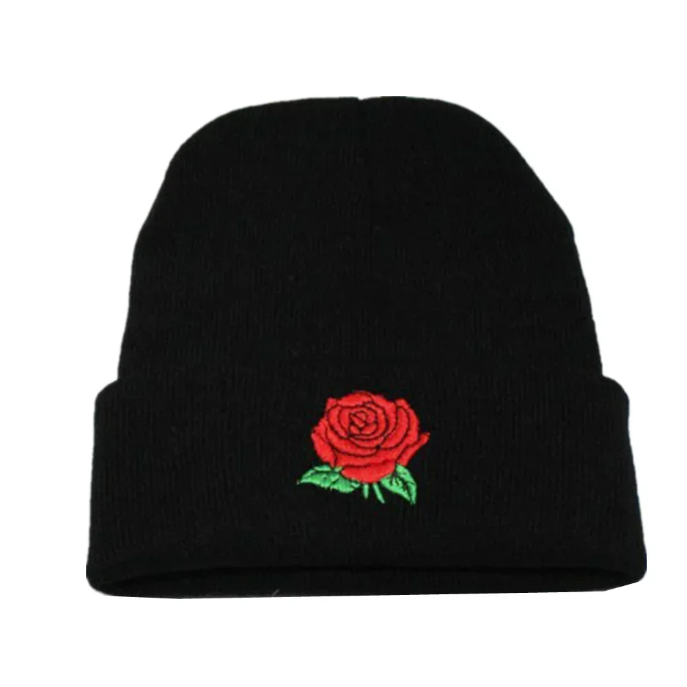 Warme Wollstrick-Skullies-Mütze für Damen, Winter-Stickerei, Rosenmütze