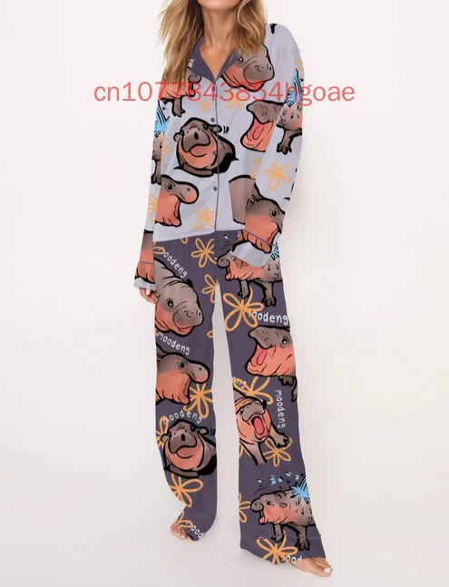 Moo Deng Baby Satin Pajama Set 3D Printed Spring/Summer New  Casual FashionLong Sleeve Set 2