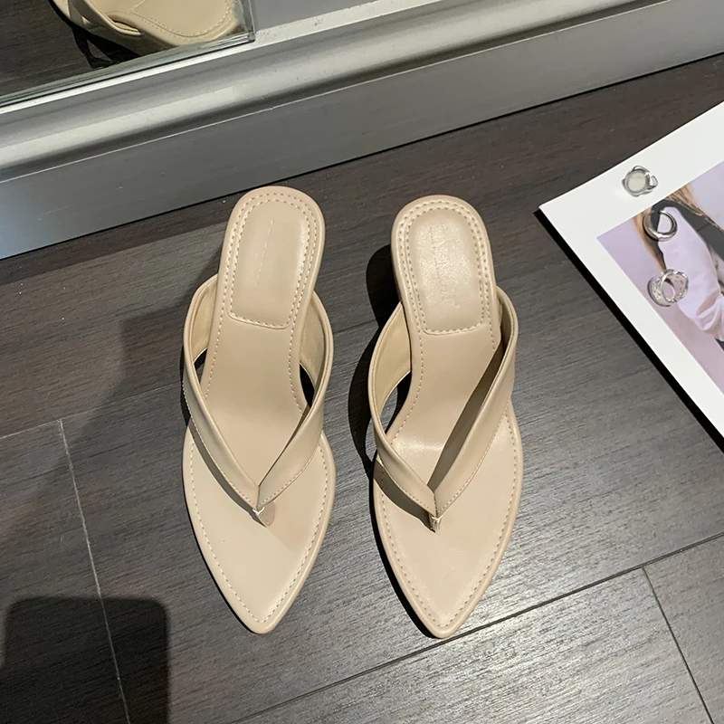 ZOOKERLIN Pointed PU Leather Flip Flops Wedges Women Slippers Solid Color Simple Summer Beach Slides Muller Shoes Clip Toe Pumps