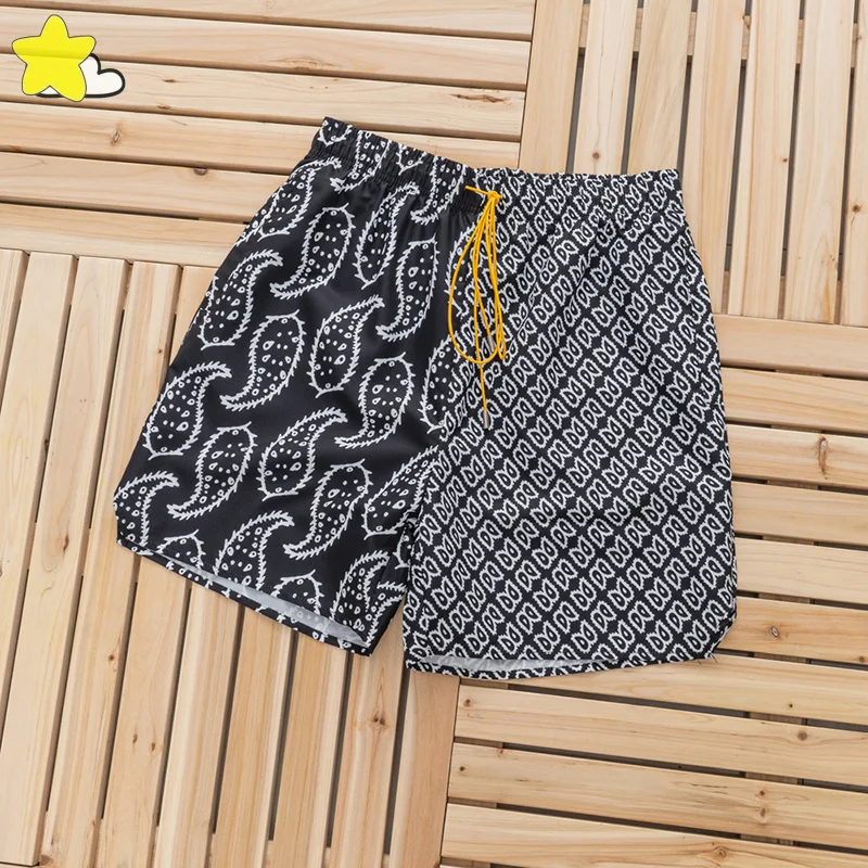

2023 Summer Style Vintage Cashew Full Printing Rhude Shorts Men Women Thin Breathable Color Block Rhude Breeches Black Green