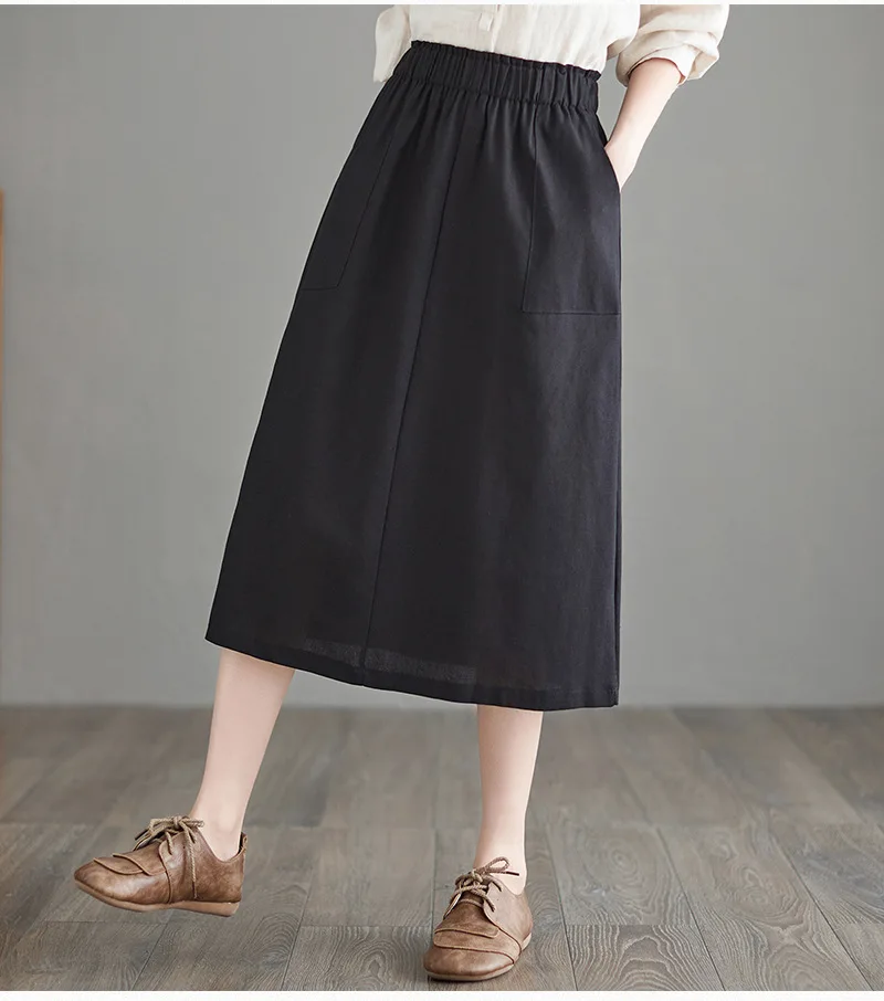 a line skirt Cotton Linen Skirt Women's Long Section 2022 New High Waist Skirt A-Line Linen Skirt Elastic Waist A-Line Skirt Skirts Womens black pleated skirt