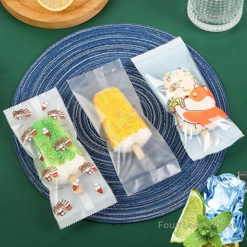 100pcs Food Grade Ice Cream Bags Disposable Plastic Popsicle Protective Cover Storage Cartoon Ice Popsicle Packing Bag DIY