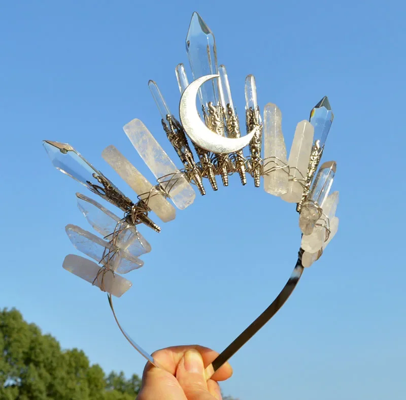 Natural White Gemstone Pure Crystal Ladies Hill Moon Crown Bridal Hair Accessories Headband