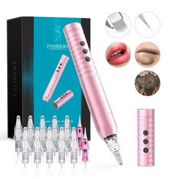 FAMISOO Kit macchina per trucco permanente professionale con aghi da 12 pezzi Macchina per tatuaggi wireless per sopracciglia Eyeliner labbra Tattoo SMP