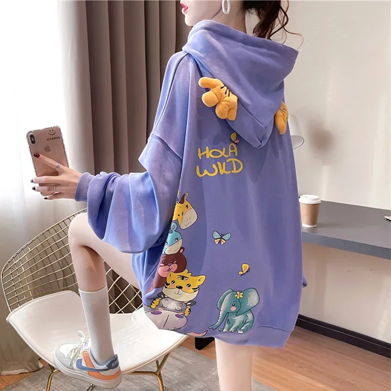 

Black White Purple Cartoon Printed Hoodies Loose Cotton Casual Hoodies Sweatshirts Pullovers Cute Hooded Sweatshirts Femme