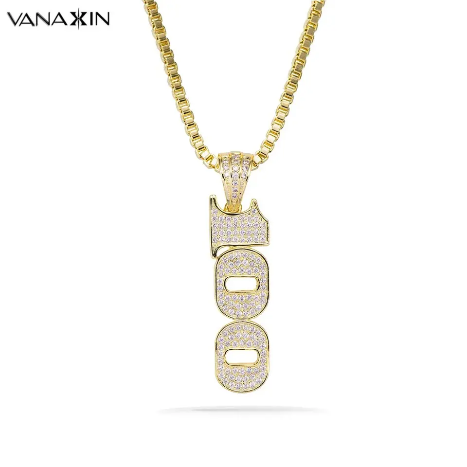 VANAXIN CZ 100 Pendant Necklace for Men Punk Hiphop Jewelry Unisex Necklace Fashion Women Accessories Gift