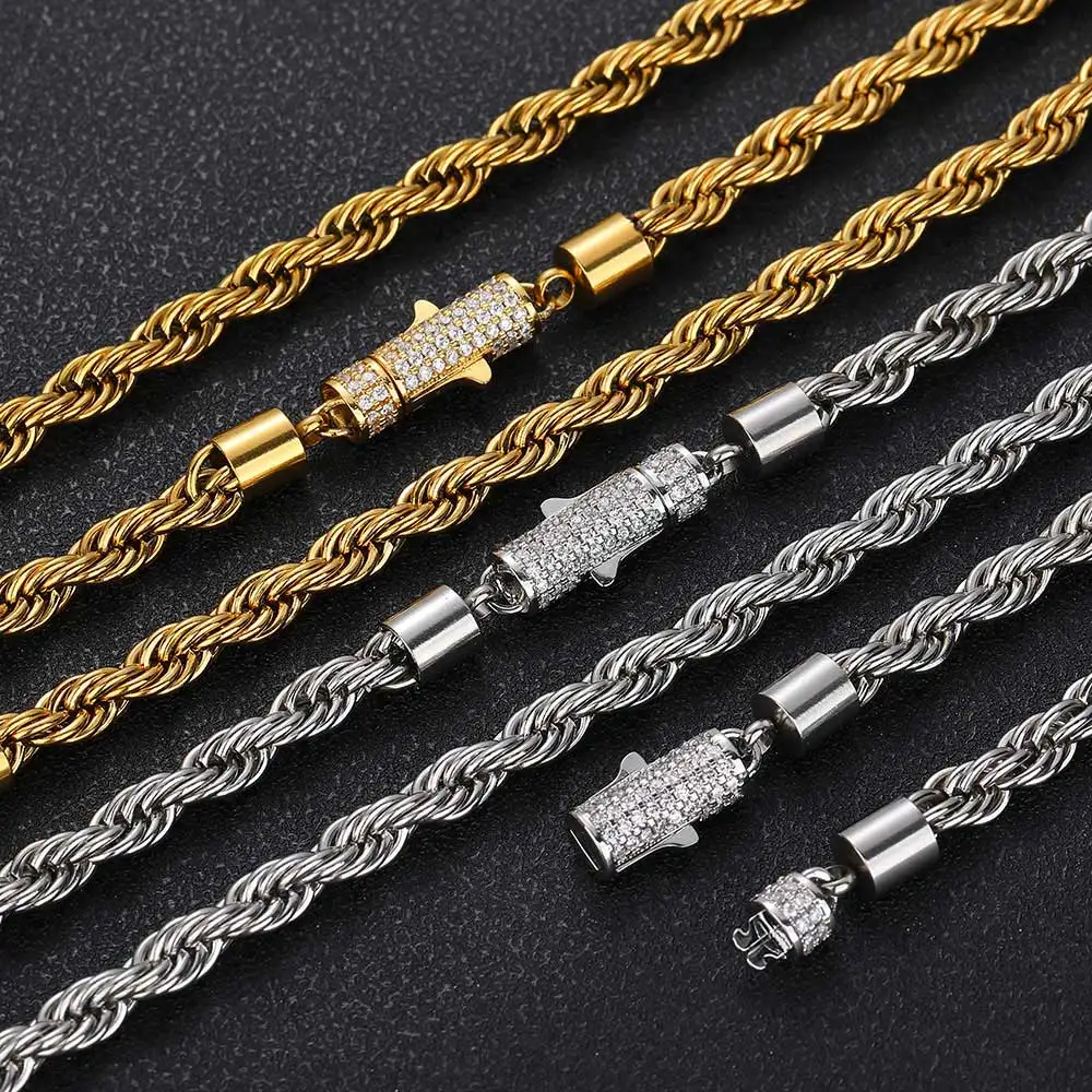 NUOYA New Style 6mm Iced Out Clasp Twist Chain 18k Gold Plated Stainless Steel Rope Chain Necklace For Men Women