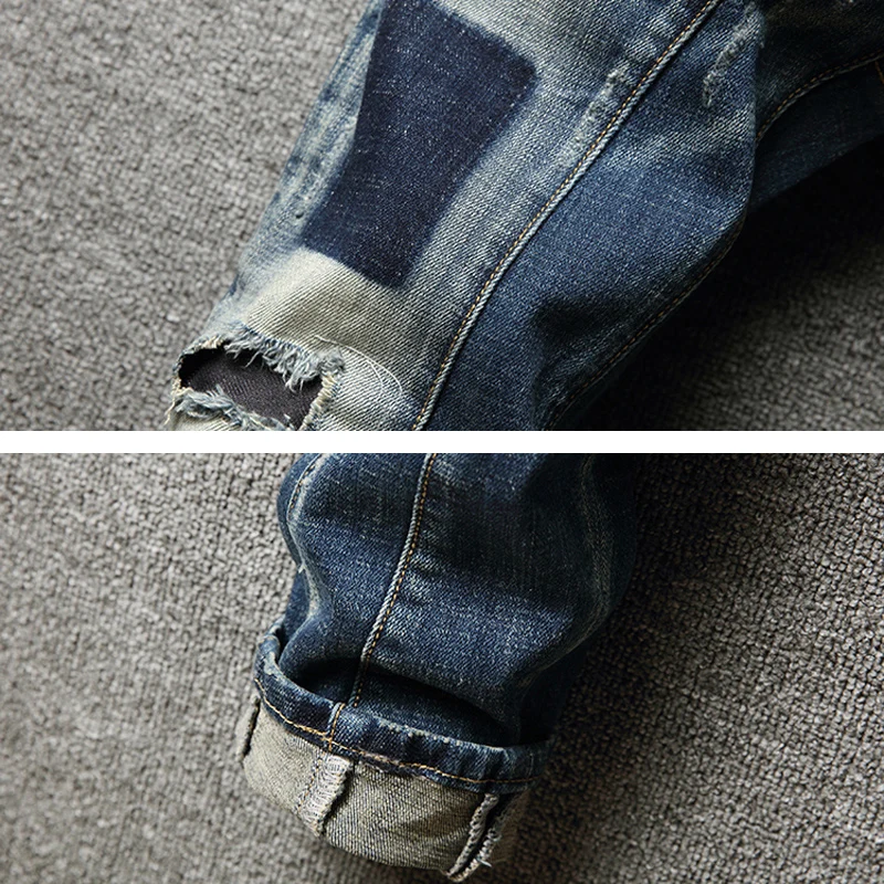 Fashion Designer Men Jeans Retro Blue Spliced Designer Ripped Jeans Men Streetwear Camouflage Pocket Hip Hop Denim Pants Hombre