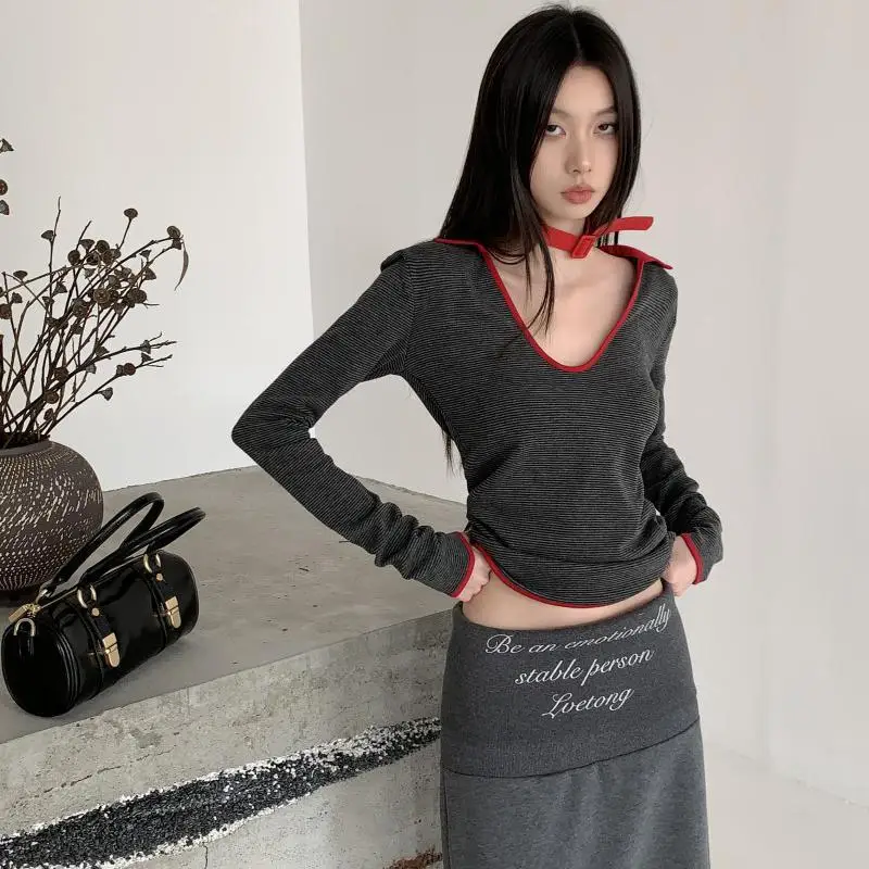 

Yedinas футболка с отложным воротником в стиле пэчворк Женская одежда с длинным рукавом модные корейские полосатые весенние топы Y2k футболки винтажные шикарные