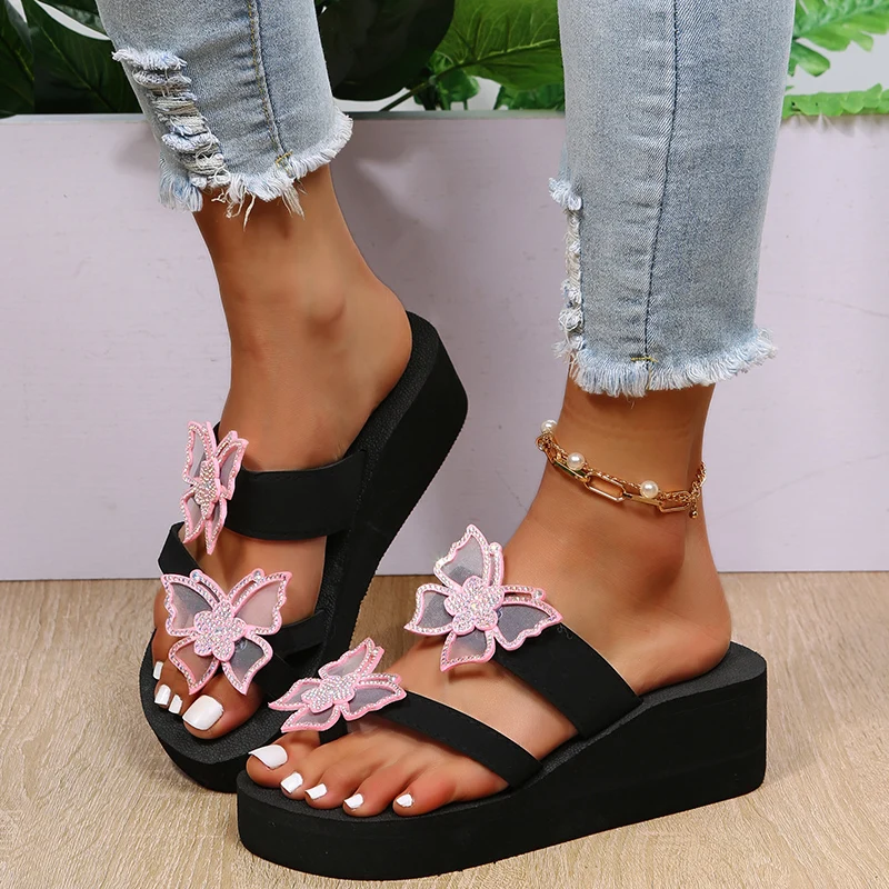 

2024 Summer Outside Modern Slippers High Heel Sexy Ladies Shoes Hot Sale Wedges Butterfly-knot Women's Slippers Chinelos