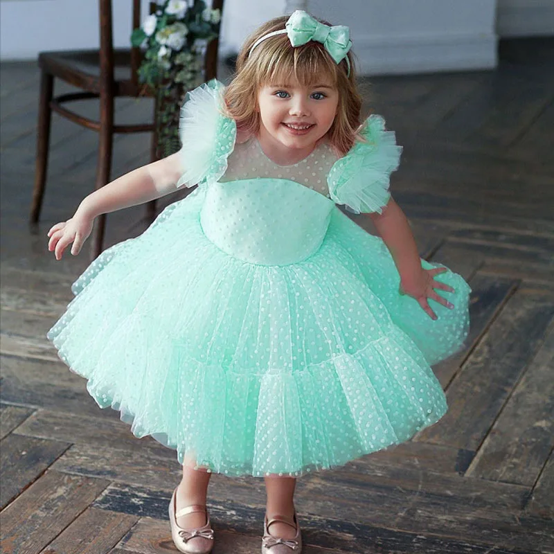 

Green Princess Flower Girl Dresses For Wedding Short Tulle Puffy Sleeves Knee Length Kids Formal Ball Gowns Party Dress
