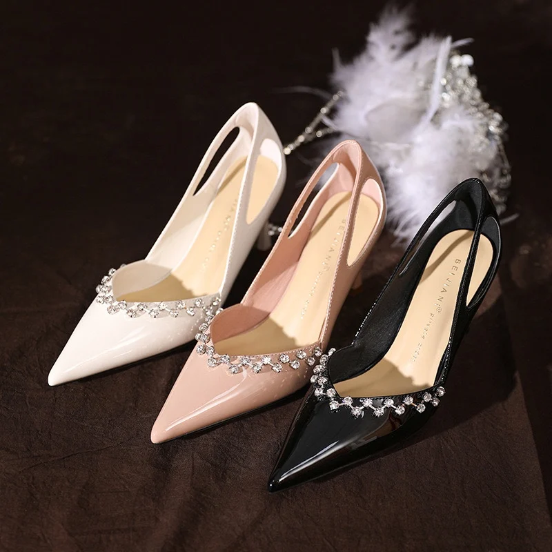 New High Heels Women's Thin Heels French Rhinestone Edge Pointed White Wedding Shoes Banquet Shallow Mouth Single Shoes