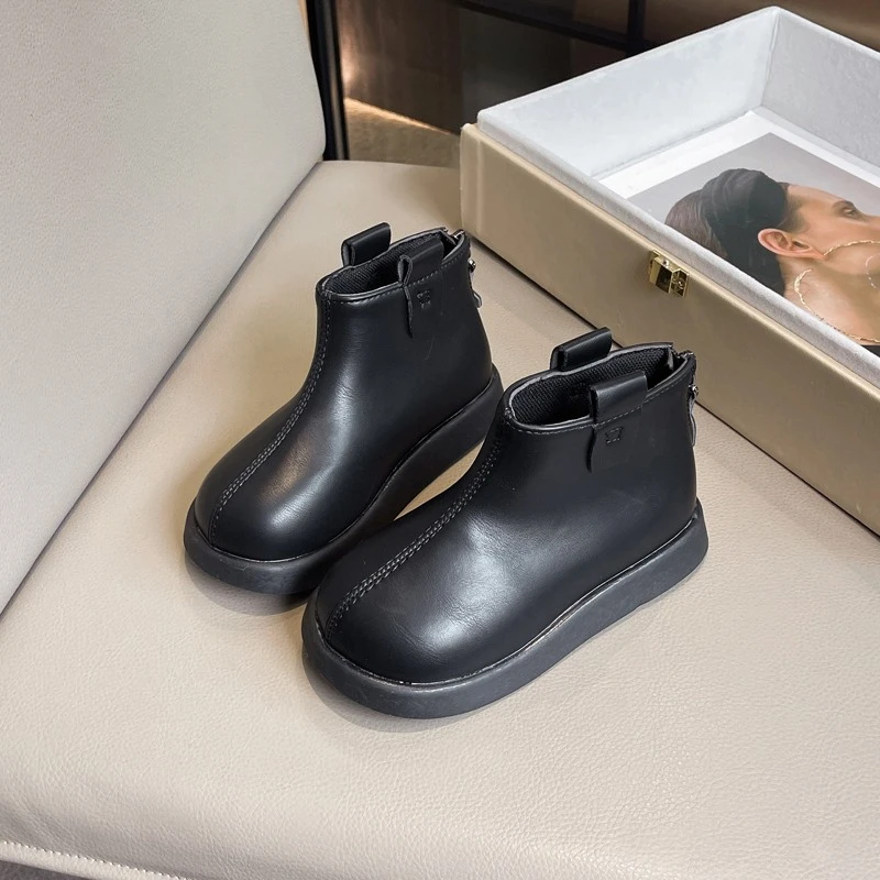 Children Ankle Boots Fashion Korean Style Kids Leather Boots Soft Bottom 2025 Autumn Winter New Girls Short Boots Round Toes