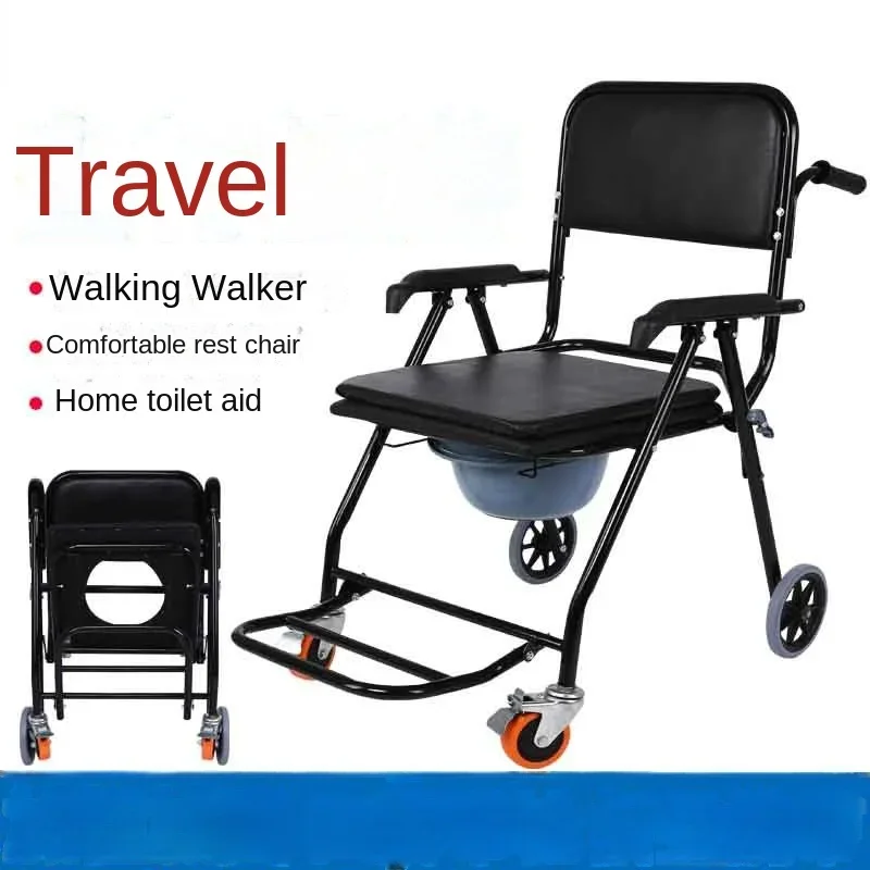 Wide Frame Toilet Chair, Elderly Shower Seat, Pregnant Women Mobility Aid, Foldable Wheel-Assisted Chair, Portable Commode Chair 2