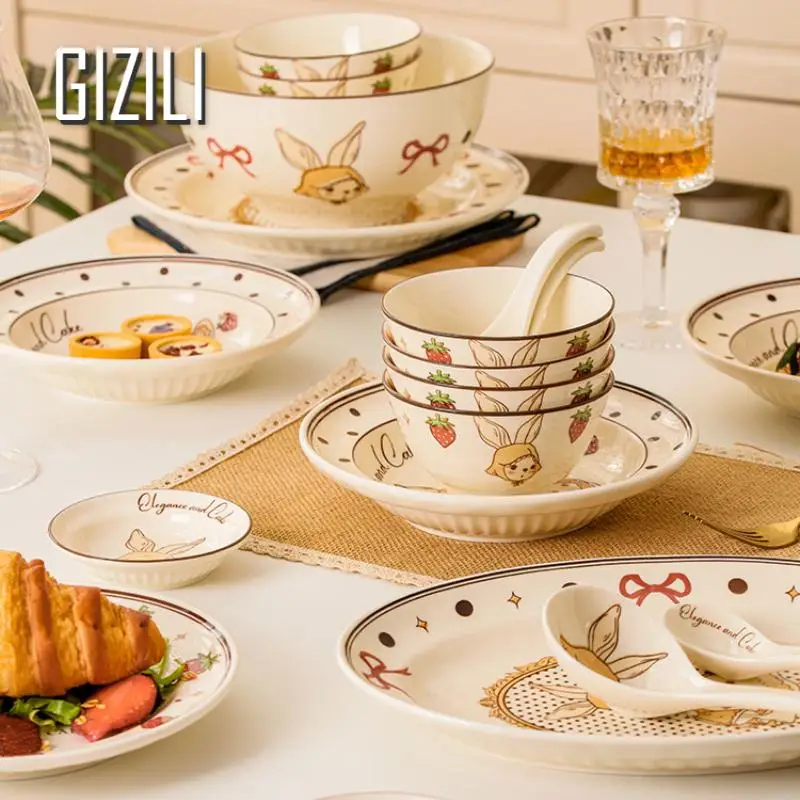 Retro Rabbit Ceramics Plate Kitchen Dishes Dinner Plate Household Combination Dinnerware Bowl Bowl Kitchen Supplies ﻿
