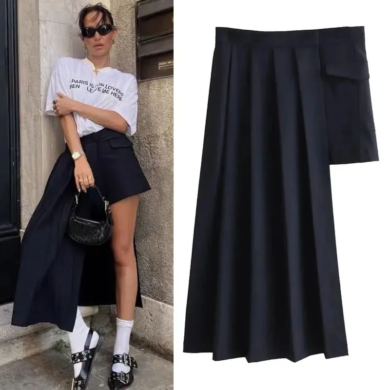 

TRAF Black Pleated Midi Skirt For Woman Y2K Clothing Mid Waist Asymmetrical Skirts Fashion Pockets Long Skirts Female Streetwear