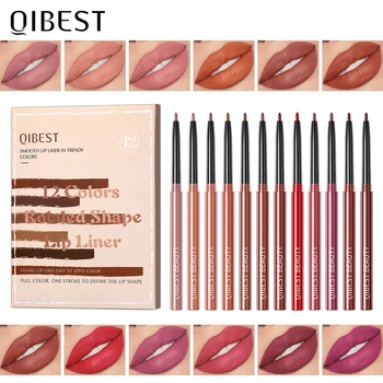 QIBEST 매트 립스틱 립라이너 펜, 방수 립 라이너 펜슬, 윤곽 메이크업, 섹시한 레드 립 스틱, 오래 지속되는 화장품, 12 개/세트