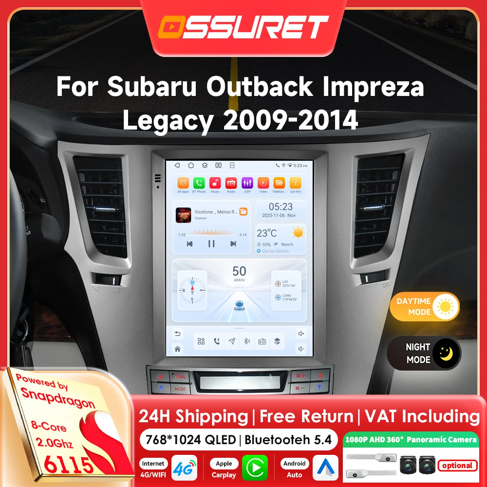 9,7-Zoll-Carplay-Android-14-Autoradio für Subaru Outback Impreza Legacy 2009-2014 Multimedia-Player mit Snapdragon 6115 GPS-Stereo 360