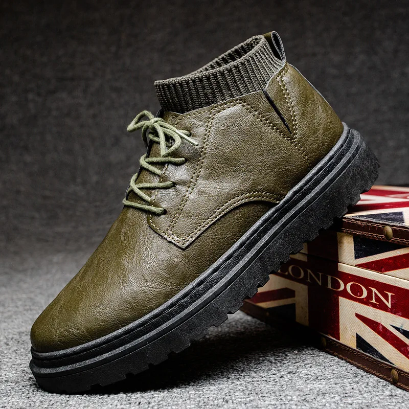 Spring and Autumn Men Shoes New Leather Casual Shoes Versatile High Top Shoes Designer Loafers Men Fashionable Black Sneakers