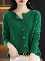 2024 New Chic Women's Basic O-neck Cardigan 100% Merino Wool Sweater Soft Grace Knitwear CoatSpring Autumn Female Clothes Tops - Image 4