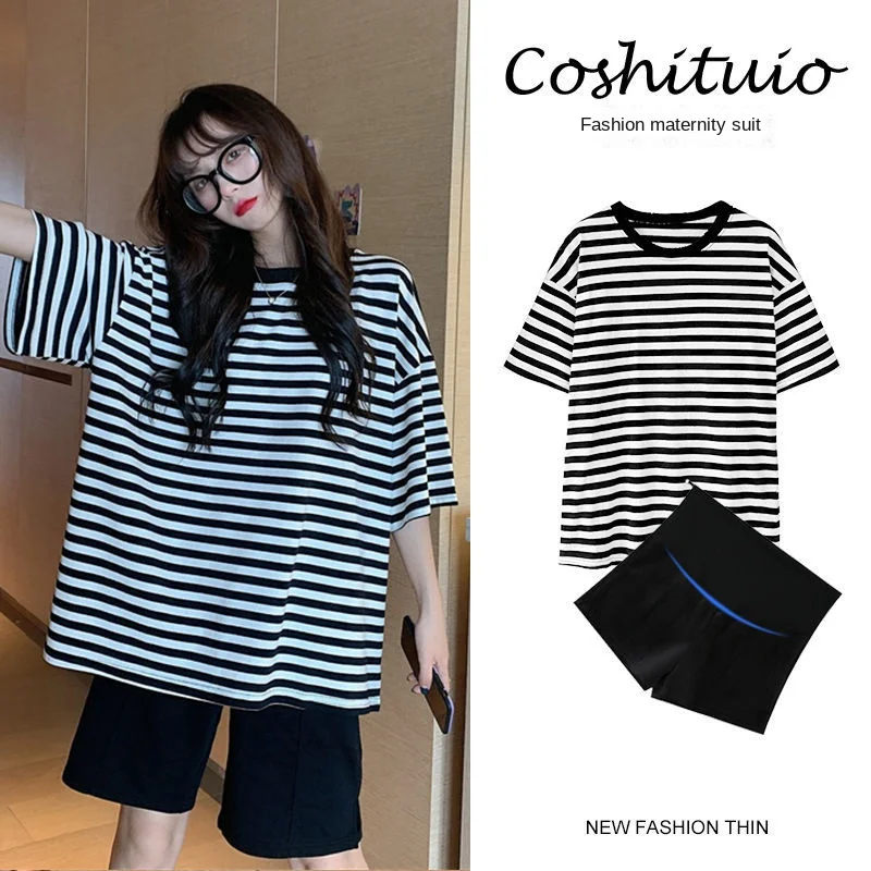 

Модный комплект одежды для беременных летняя Корейская одежда для беременных полосатая футболка с коротким рукавом + шорты костюм для беременных женщин